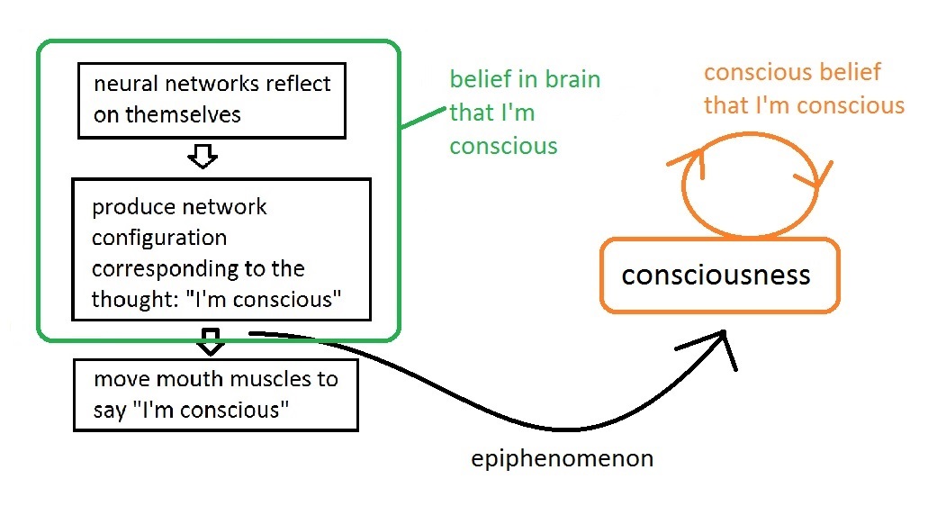 Another possible epiphenomenalist explanation of how I know I'm conscious. I release this image into the public domain.