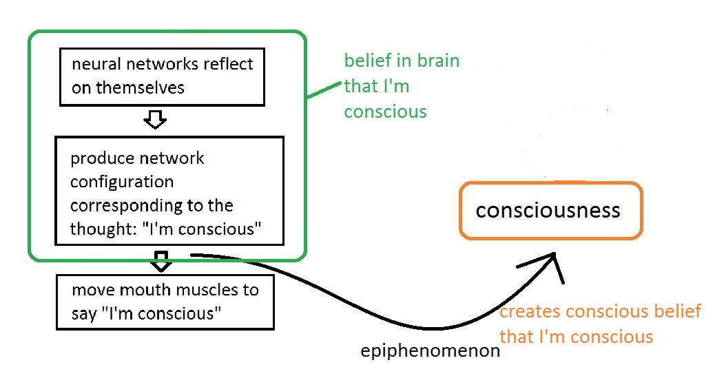 One possible epiphenomenalist explanation of how I know I'm conscious. I release this image into the public domain.